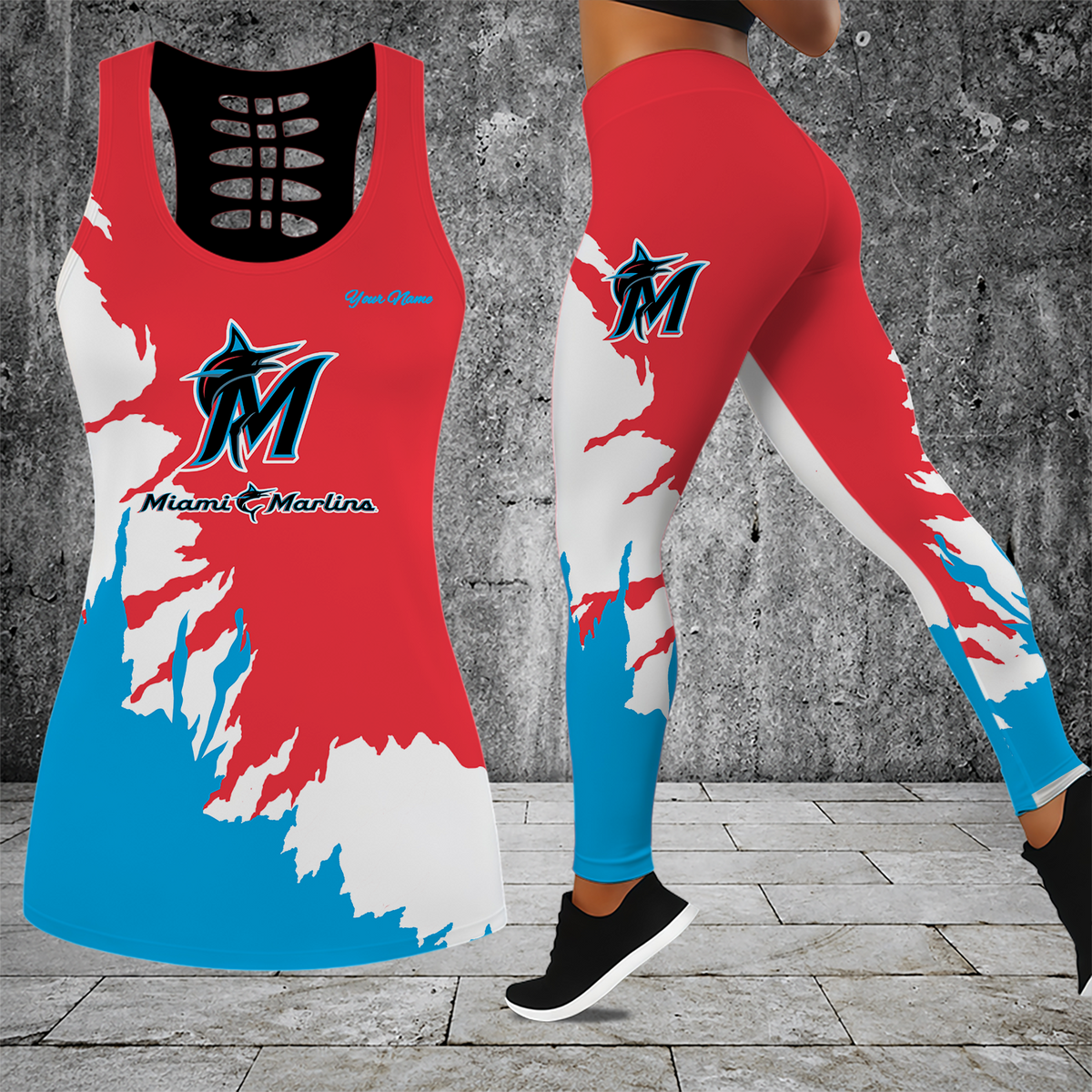 [FLASH SALE] NEW CUSTOMIZED MLB20 MMS MIAMI MARLINS HOLLOW TANK TOP & LEGGINGS SET