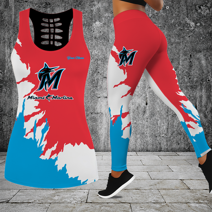 [FLASH SALE] NEW CUSTOMIZED MLB20 MMS MIAMI MARLINS HOLLOW TANK TOP & LEGGINGS SET