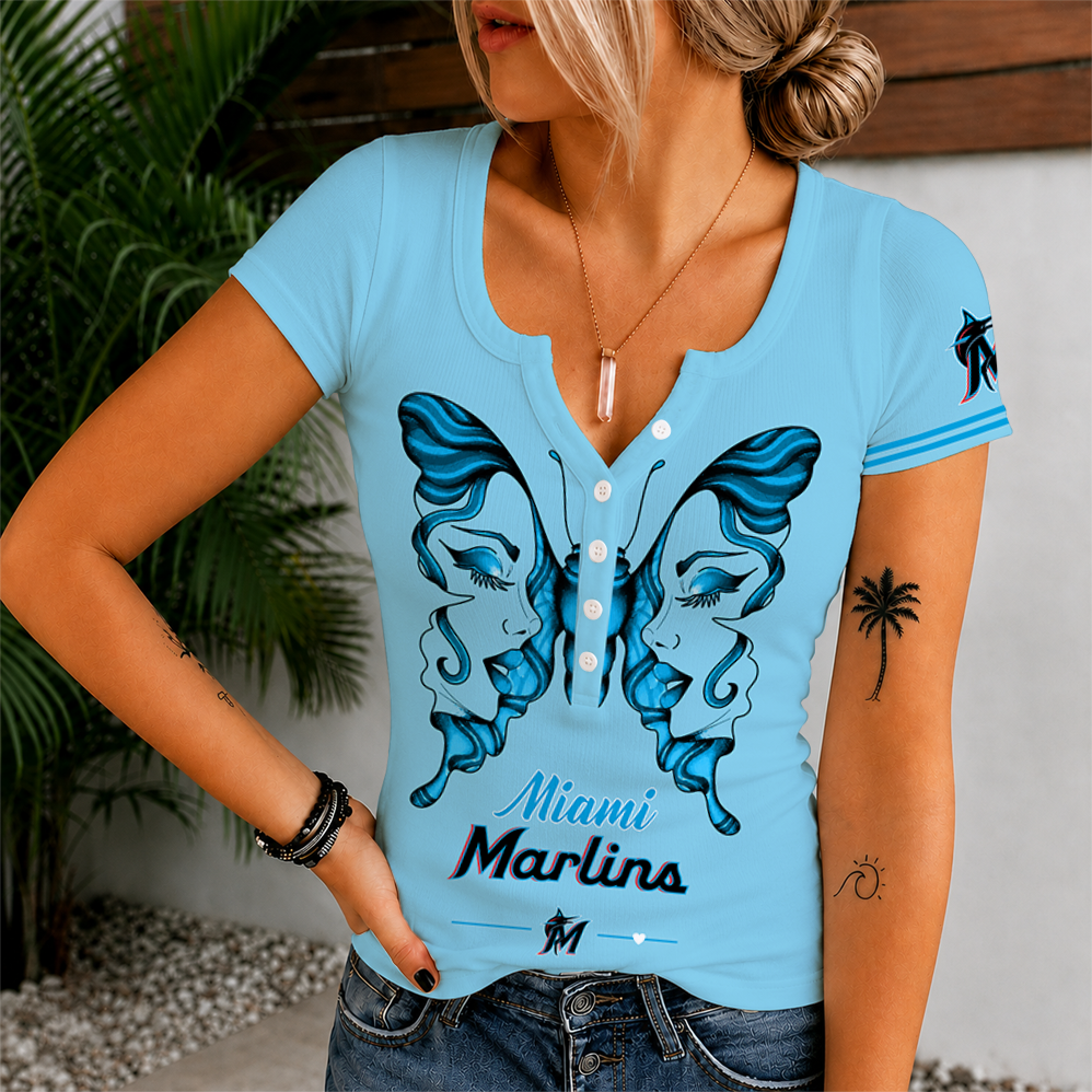 [FLASH SALE] NEW CUSTOMIZED MLB20 MMS MIAMI MARLINS WOMEN'S SHORT SLEEVE HENLEY T-SHIRT