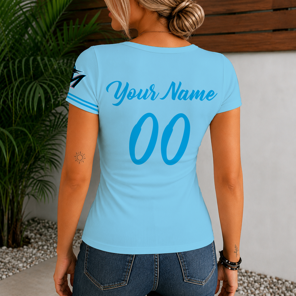 [FLASH SALE] NEW CUSTOMIZED MLB20 MMS MIAMI MARLINS WOMEN'S SHORT SLEEVE HENLEY T-SHIRT