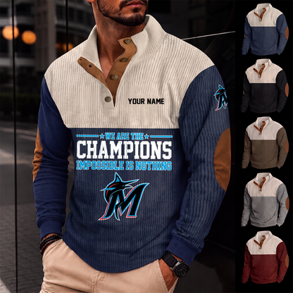 [FLASH SALE] NEW CUSTOMIZED MLB20 MMS MIAMI MARLINS BUTTON SWEATSHIRTS STAND COLLAR