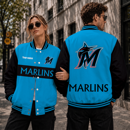 [FLASH SALE] NEW CUSTOMIZED MLB20 MMS MIAMI MARLINS SATIN VARSITY & BASEBALL JACKET