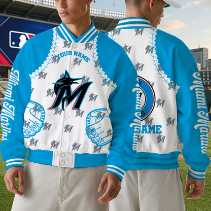 [FLASH SALE] NEW CUSTOMIZED MLB20 MMS MIAMI MARLINS SATIN VARSITY & BASEBALL JACKET