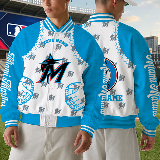 [FLASH SALE] NEW CUSTOMIZED MLB20 MMS MIAMI MARLINS SATIN VARSITY & BASEBALL JACKET
