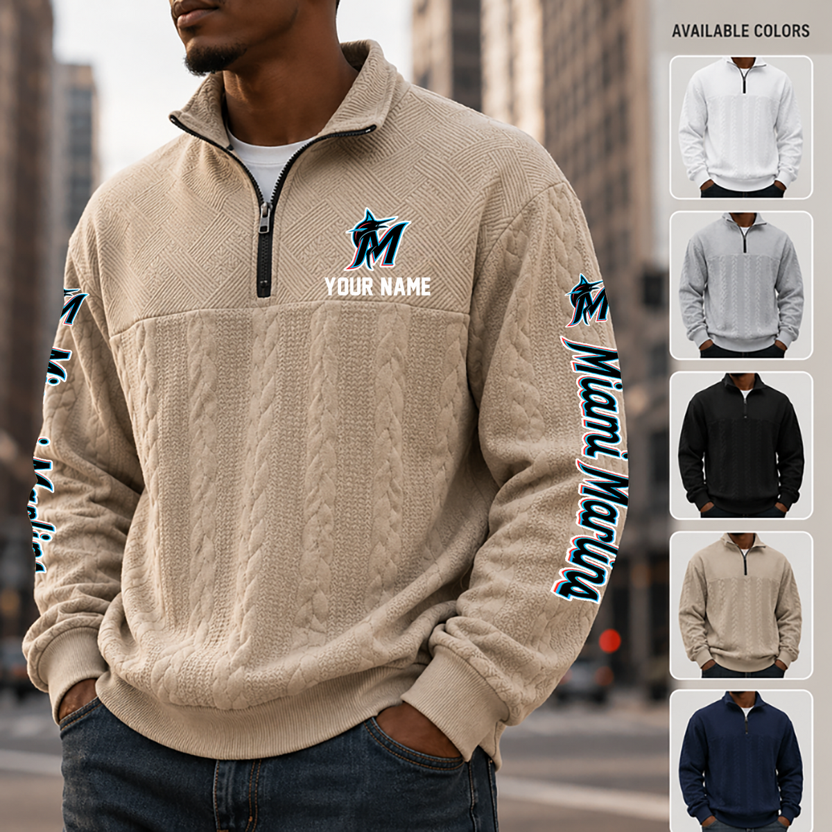 [FLASH SALE] NEW CUSTOMIZED MLB20 MMS MIAMI MARLINS MULTICOLOR QUARTER-ZIP SWEATSHIRT