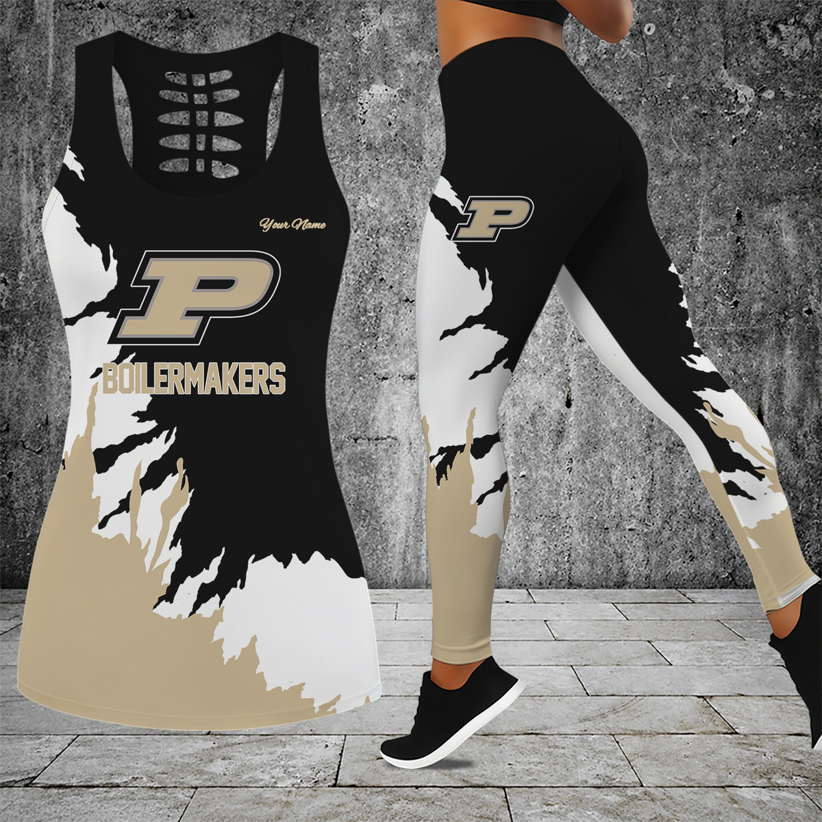 [FAN FAVORITE] NEW CUSTOMIZED NCAA MAM20 PUB PURDUE BOILERMAKERS STRAPPY HOLLOW TANK TOP & LEGGINGS SET