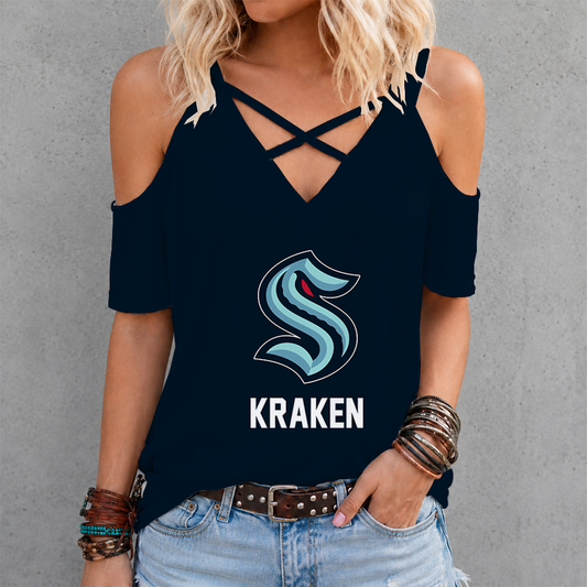 [SUPER SALE] NEW CUSTOMIZED NHL20 STK SEATTLE KRAKEN CRISS CROSS V-NECK TOP