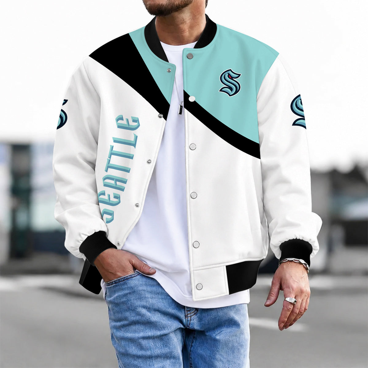 [SUPER SALE] NEW CUSTOMIZED NHL20 STK SEATTLE KRAKEN SATIN VARSITY JACKET & BASEBALL JACKET