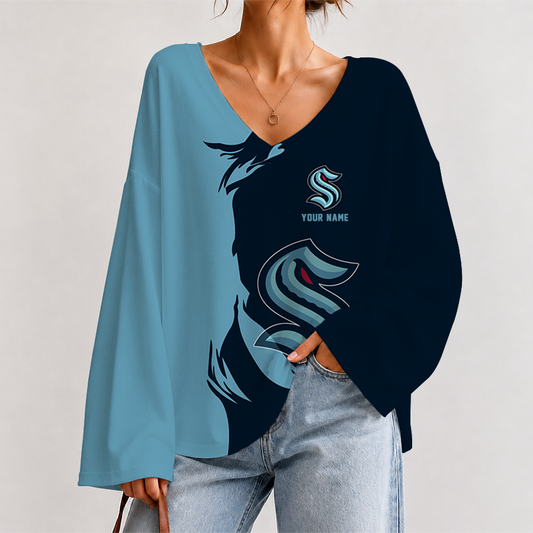 [SUPER SALE] NEW CUSTOMIZED NHL20 STK SEATTLE KRAKEN V-NECK LONG SLEEVED CROP TOP