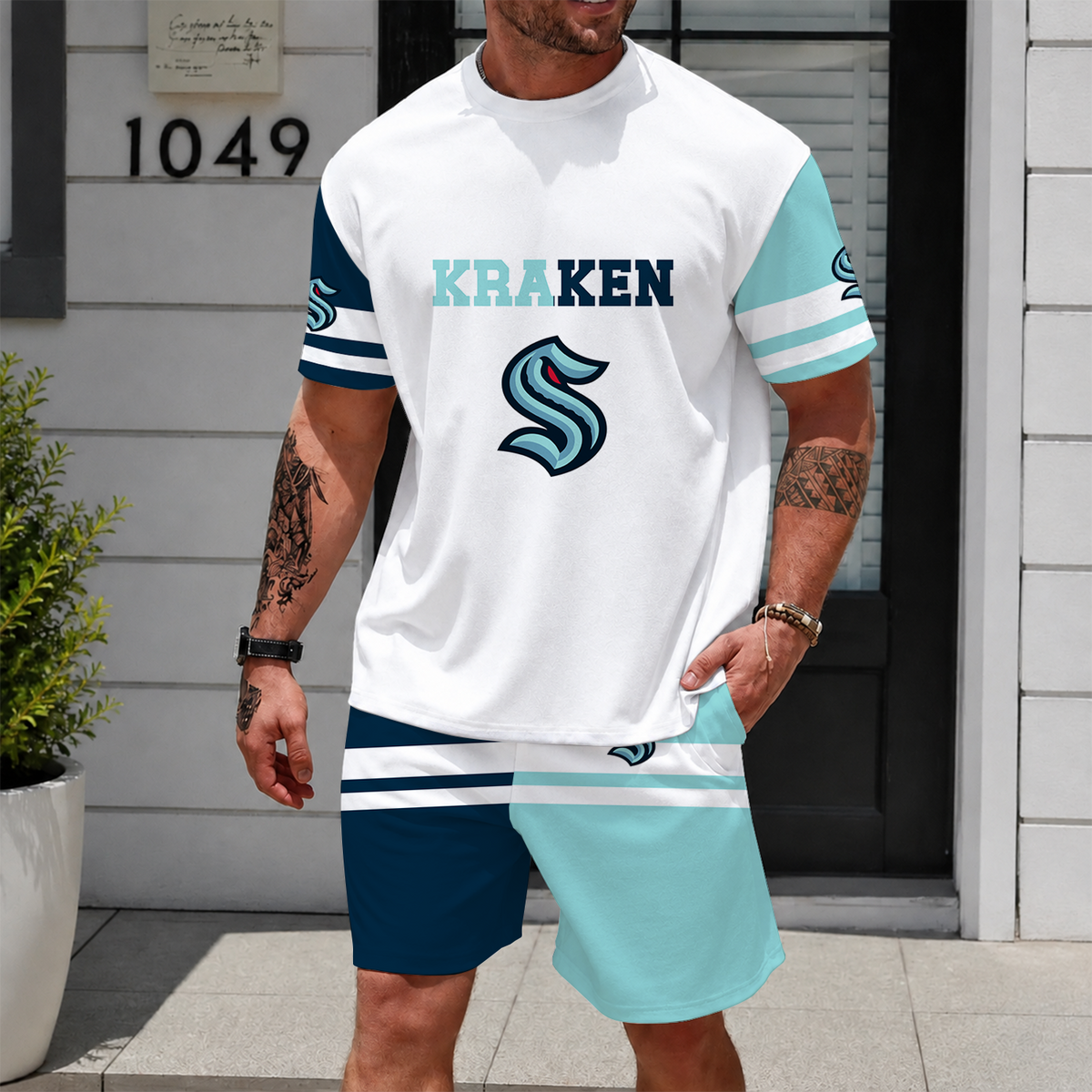 [SUPER SALE] NEW CUSTOMIZED NHL20 STK SEATTLE KRAKEN UNISEX T-SHIRT & SHORTS SET