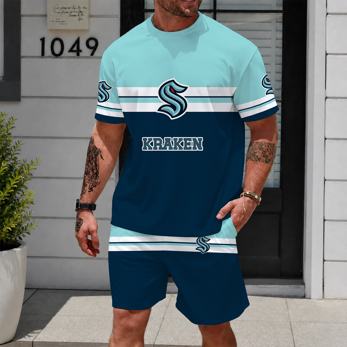 [SUPER SALE] NEW CUSTOMIZED NHL20 STK SEATTLE KRAKEN UNISEX T-SHIRT & SHORTS SET