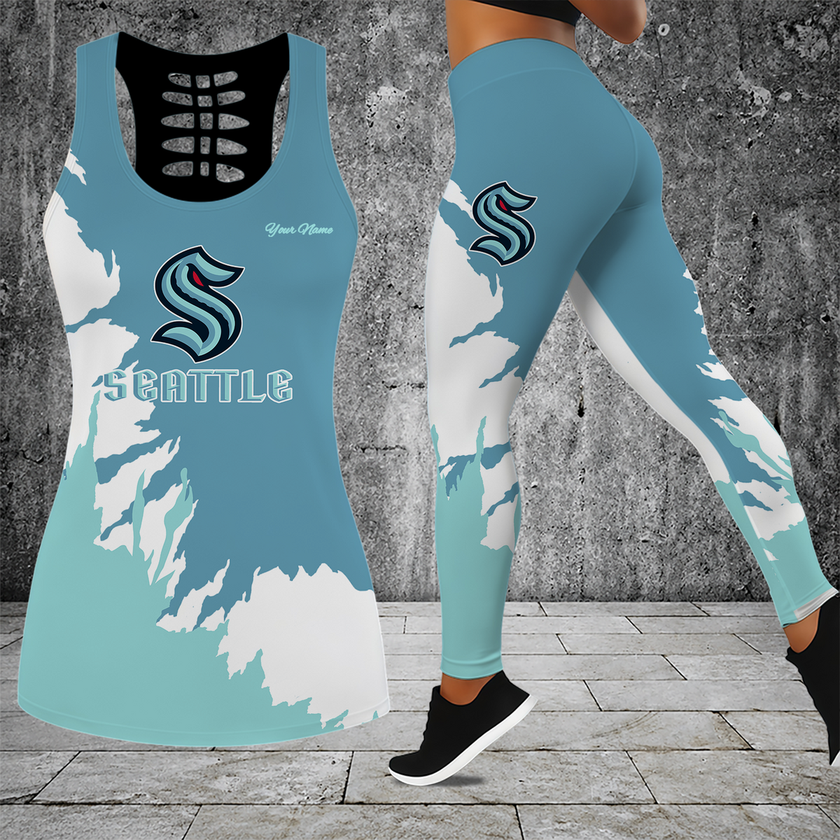 [SUPER SALE] NEW CUSTOMIZED NHL20 STK SEATTLE KRAKEN HOLLOW TANK TOP & LEGGINGS SET