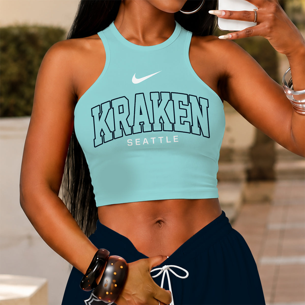 [SUPER SALE] NEW CUSTOMIZED NHL20 STK SEATTLE KRAKEN WOMEN'S CROP TOP & LONGPANTS SET