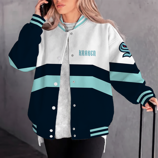[SUPER SALE] NEW CUSTOMIZED NHL20 STK SEATTLE KRAKEN SATIN VARSITY JACKET & BASEBALL JACKET