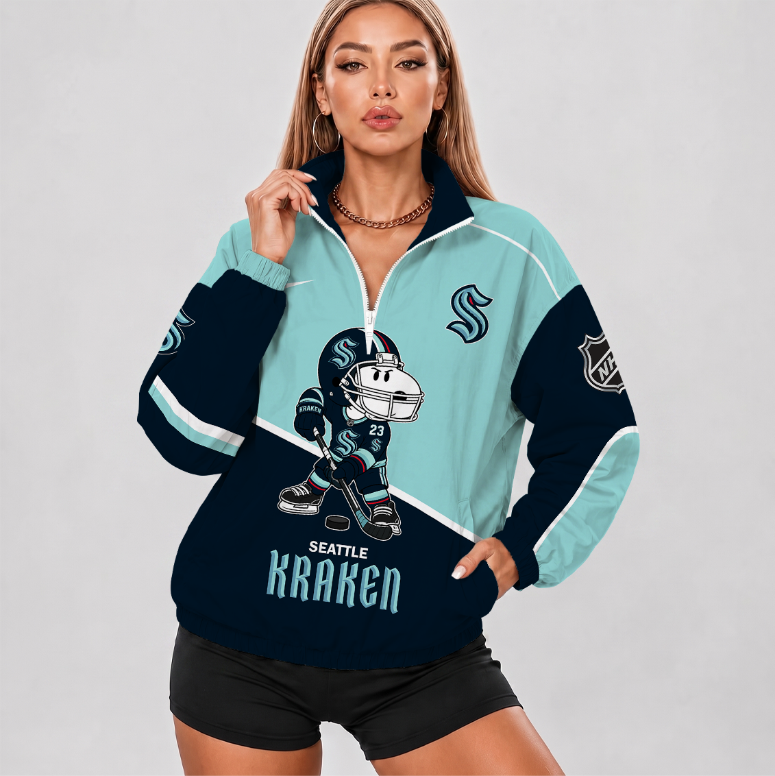 [SUPER SALE] NEW CUSTOMIZED NHL20 STK SEATTLE KRAKEN V-NECK ZIPPER SWEATSHIRT JACKET