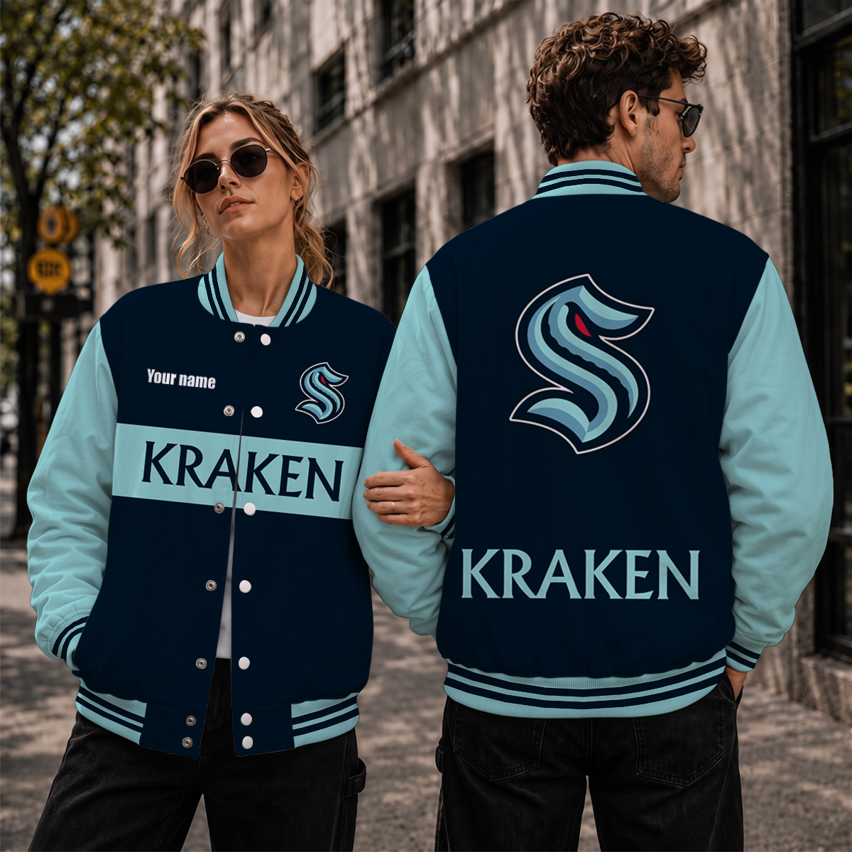 [SUPER SALE] NEW CUSTOMIZED NHL20 STK SEATTLE KRAKEN SATIN VARSITY JACKET & BASEBALL JACKET