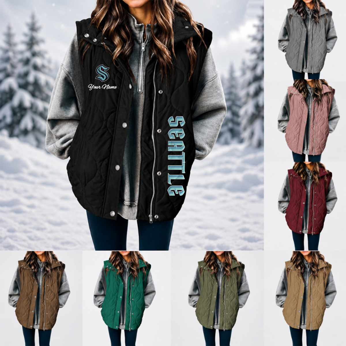 [SUPER SALE] NEW CUSTOMIZED NHL20 STK SEATTLE KRAKEN WOMEN'S MULTICOLOR SLEEVELESS PUFFER COAT