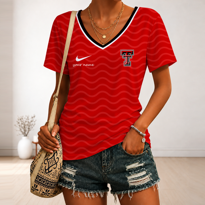 [FAN FAVORITE] NEW CUSTOMIZED NCAA CWS20 TRR TEXAS TECH RED RAIDERS V-NECK FEMALE SHIRT