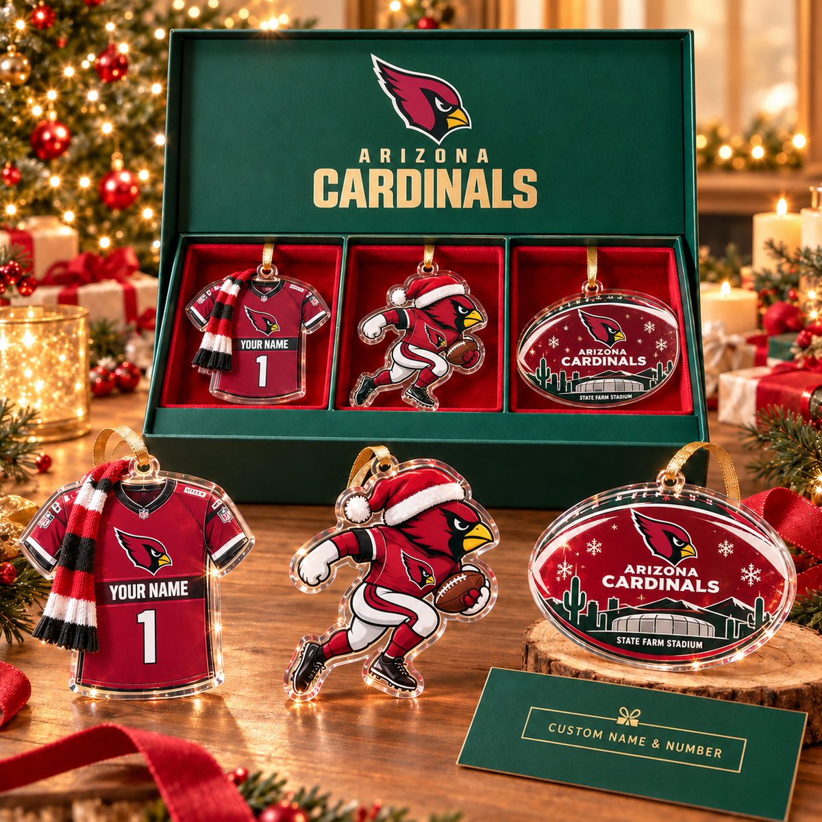 [FULL SET 3 ITEMS - NO BOX] NEW CUSTOMIZED NFL20 ARC ARIZONA CARDINALS CHRISTMAS ACRYLIC ORNAMENT