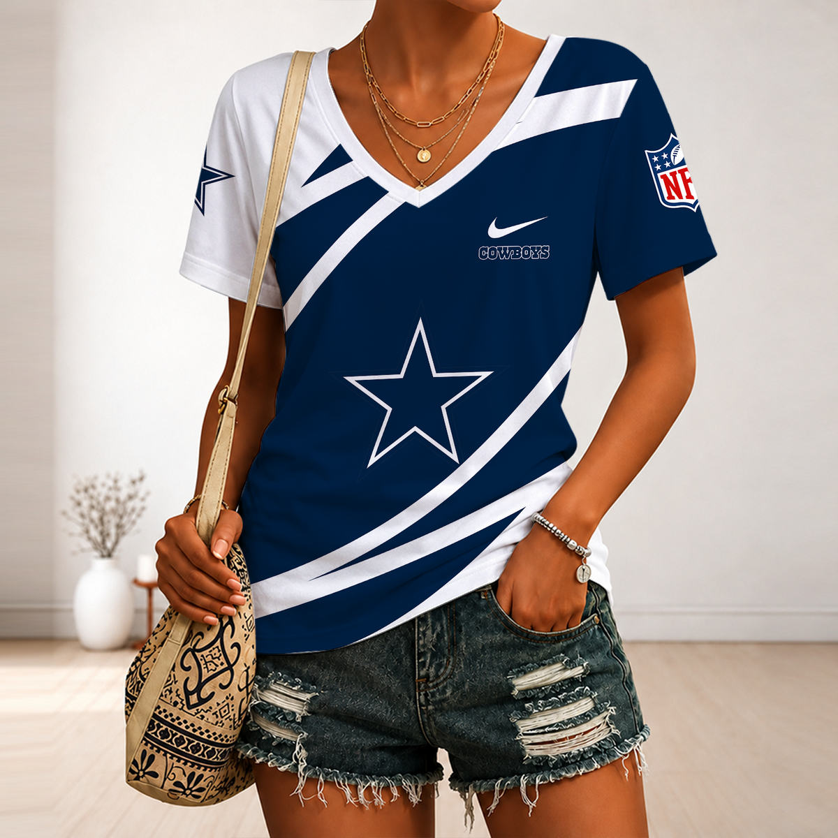 [SPECIAL OFFER] NEW CUSTOMIZED NFL21 DCB DALLAS COWBOYS V-NECK FEMALE SHIRT