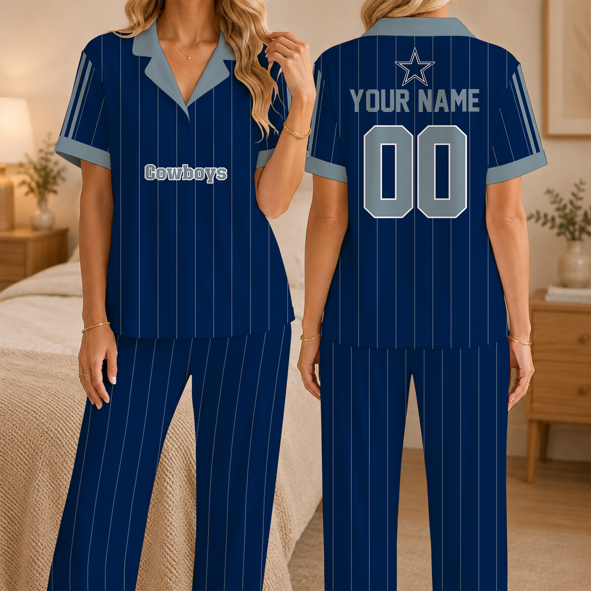 [SPECIAL OFFER] NEW CUSTOMIZED NFL21 DCB DALLAS COWBOYS SHORT SLEEVE & LONG PANTS PAJAMAS SET