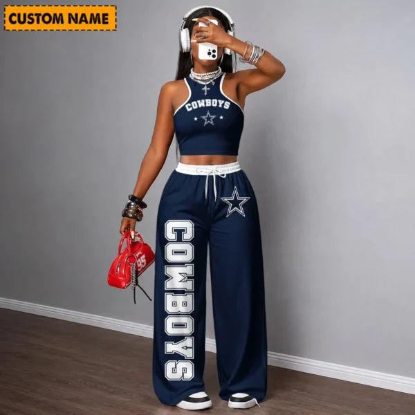 [SPECIAL OFFER] NEW CUSTOMIZED NFL21 DCB DALLAS COWBOYS WOMEN'S CROP TOP & LONGPANTS SET