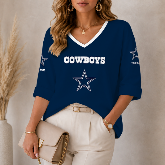 [SPECIAL OFFER] NEW CUSTOMIZED NFL21 DCB DALLAS COWBOYS WOMEN'S HEART V-NECK LONG SLEEVE SHIRT