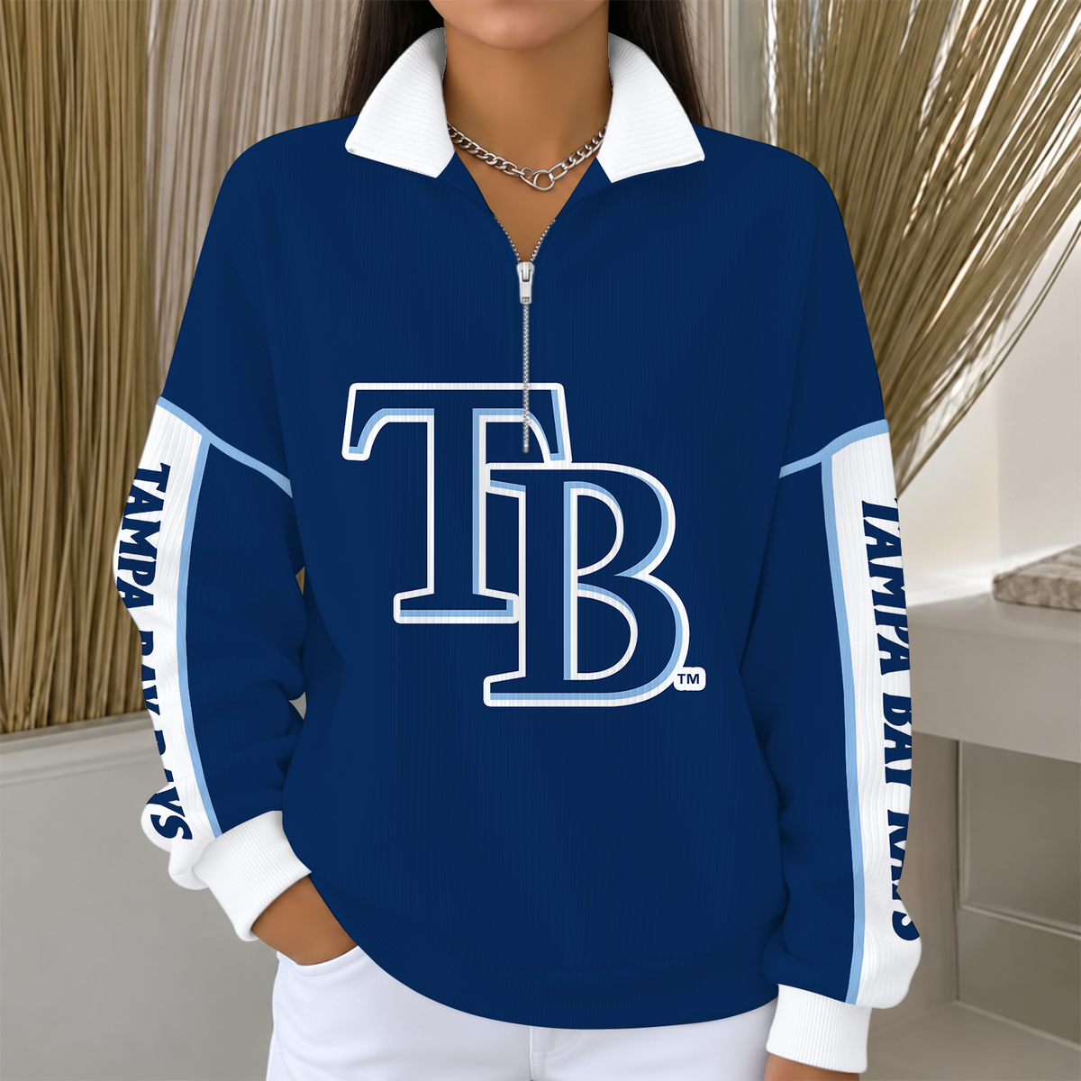[SPECIAL OFFER] NEW CUSTOMIZED MLB21 TBR TAMPA BAY RAYS QUARTER ZIP RIBBED SWEATER