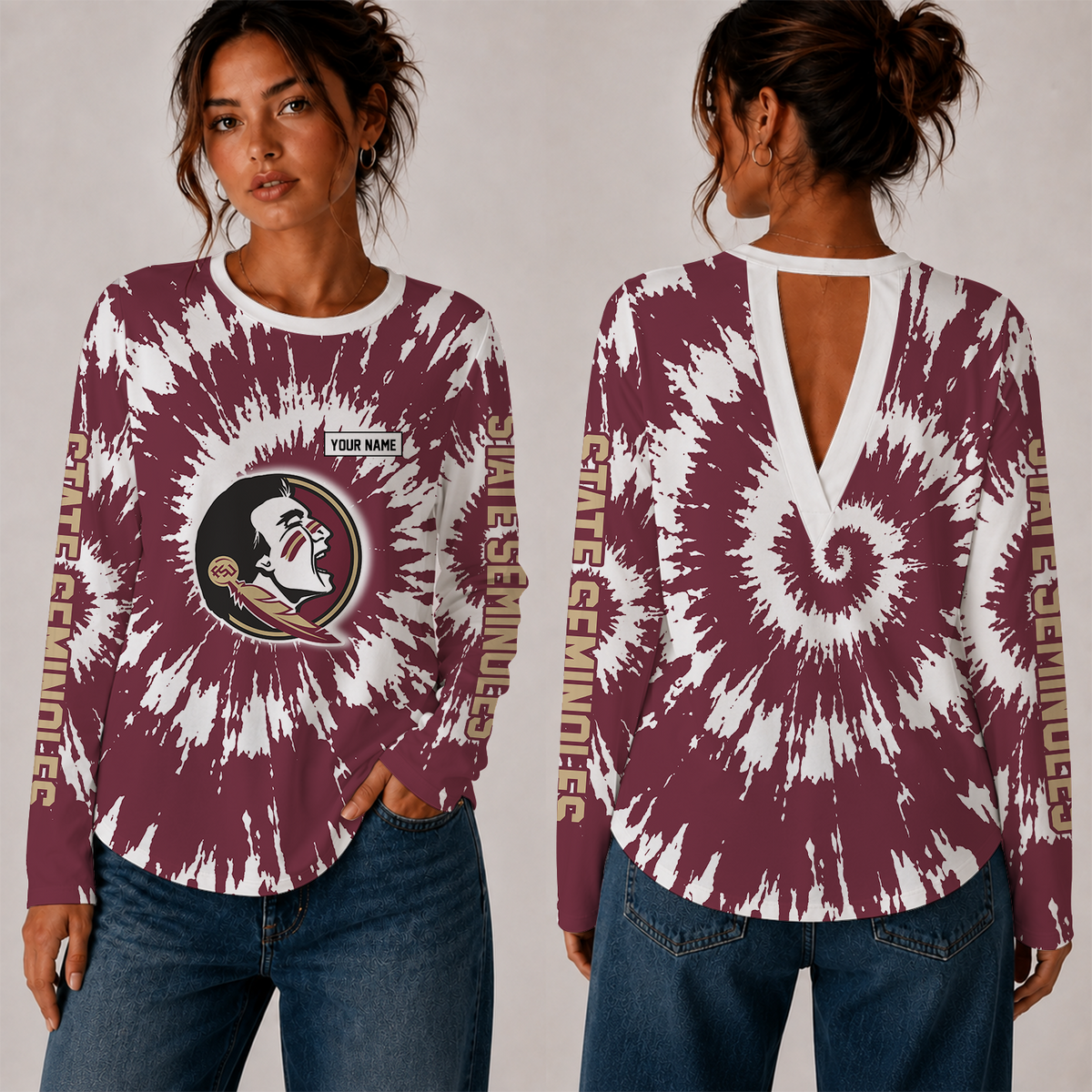 [FAN FAVORITE] NEW CUSTOMIZED NCAA FBS21 FLS FLORIDA STATE SEMINOLES WOMEN'S BACK V-CUT LONG-SLEEVE SHIRT