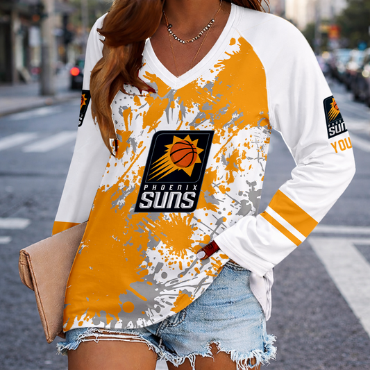 [HOT DEAL] NEW CUSTOMIZED NBA21 PSU PHOENIX SUNS WOMEN'S V-NECK LONG SLEEVED SHIRT