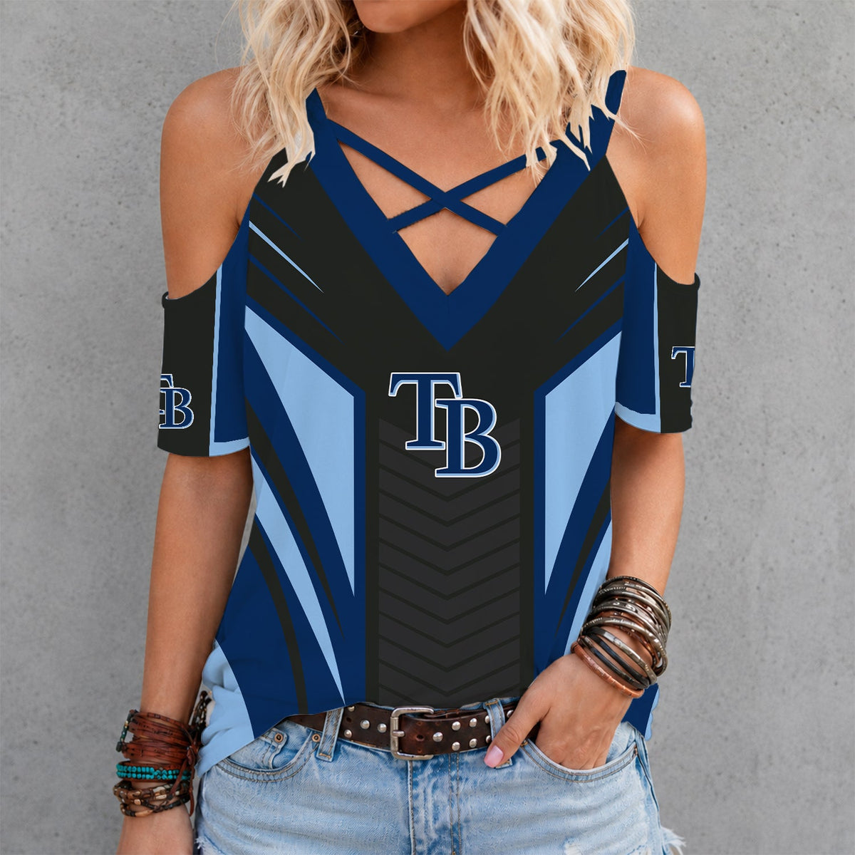 [FLASH SALE] NEW CUSTOMIZED MLB21 TBR TAMPA BAY RAYS CRISS CROSS V-NECK TOP