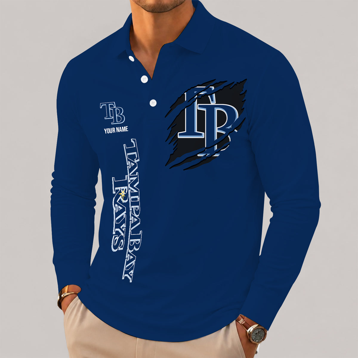[FLASH SALE] NEW CUSTOMIZED MLB21 TBR TAMPA BAY RAYS MEN'S LONG SLEEVE POLO