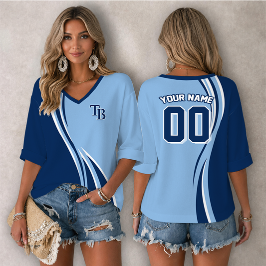 [FLASH SALE] NEW CUSTOMIZED MLB21 TBR TAMPA BAY RAYS WOMEN'S HEART V-NECK LONG SLEEVE SHIRT