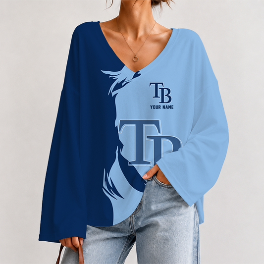 [FLASH SALE] NEW CUSTOMIZED MLB21 TBR TAMPA BAY RAYS V-NECK LONG SLEEVED CROP TOP
