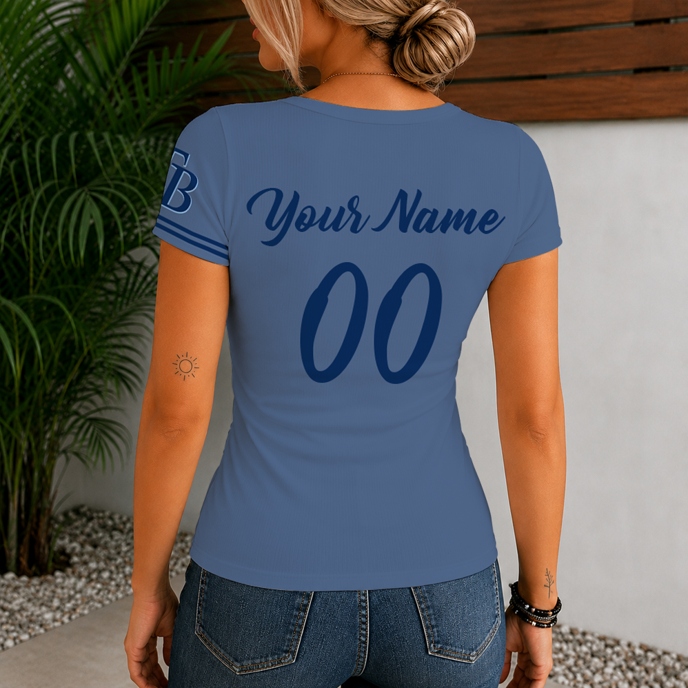 [FLASH SALE] NEW CUSTOMIZED MLB21 TBR TAMPA BAY RAYS WOMEN'S SHORT SLEEVE HENLEY T-SHIRT