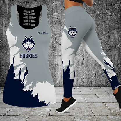 [FAN FAVORITE] NEW CUSTOMIZED NCAA MAM21 UCH UCONN HUSKIES STRAPPY HOLLOW TANK TOP & LEGGINGS SET