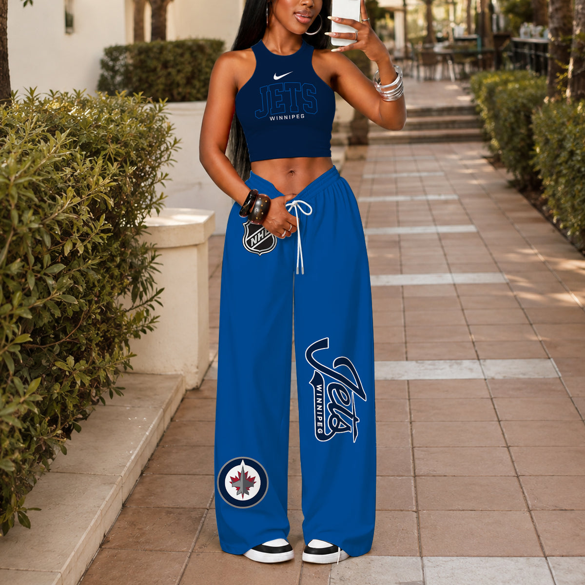 [SUPER SALE] NEW CUSTOMIZED NHL21 WPJ WINNIPEG JETS WOMEN'S CROP TOP & LONGPANTS SET