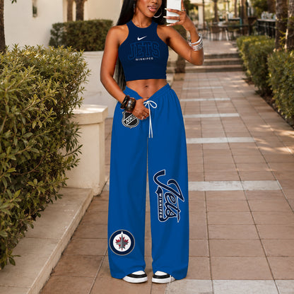[SUPER SALE] NEW CUSTOMIZED NHL21 WPJ WINNIPEG JETS WOMEN'S CROP TOP & LONGPANTS SET