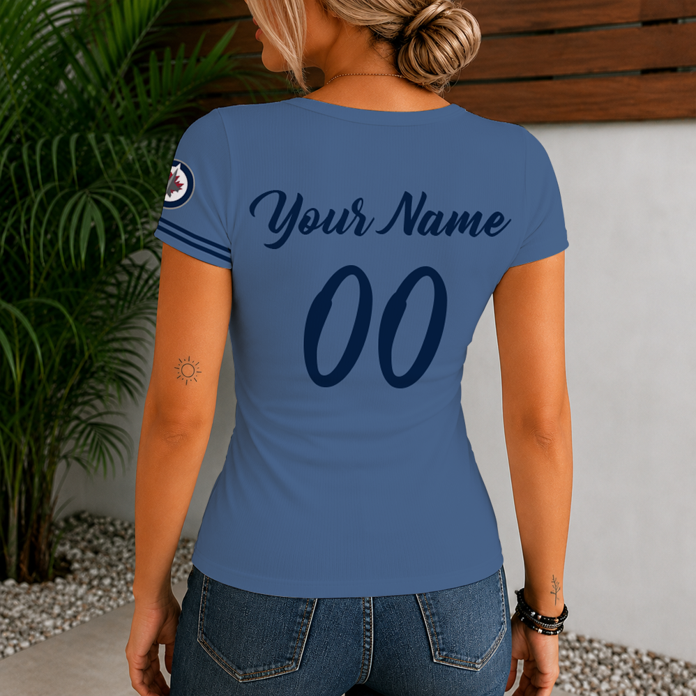 [SUPER SALE] NEW CUSTOMIZED NHL21 WPJ WINNIPEG JETS WOMEN'S SHORT SLEEVE HENLEY T-SHIRT