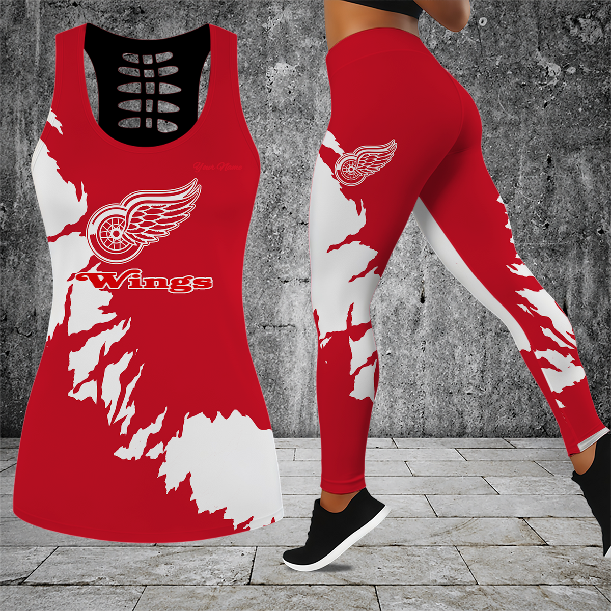 [SUPER SALE] NEW CUSTOMIZED NHL22 DRW DETROIT RED WINGS HOLLOW TANK TOP & LEGGINGS SET