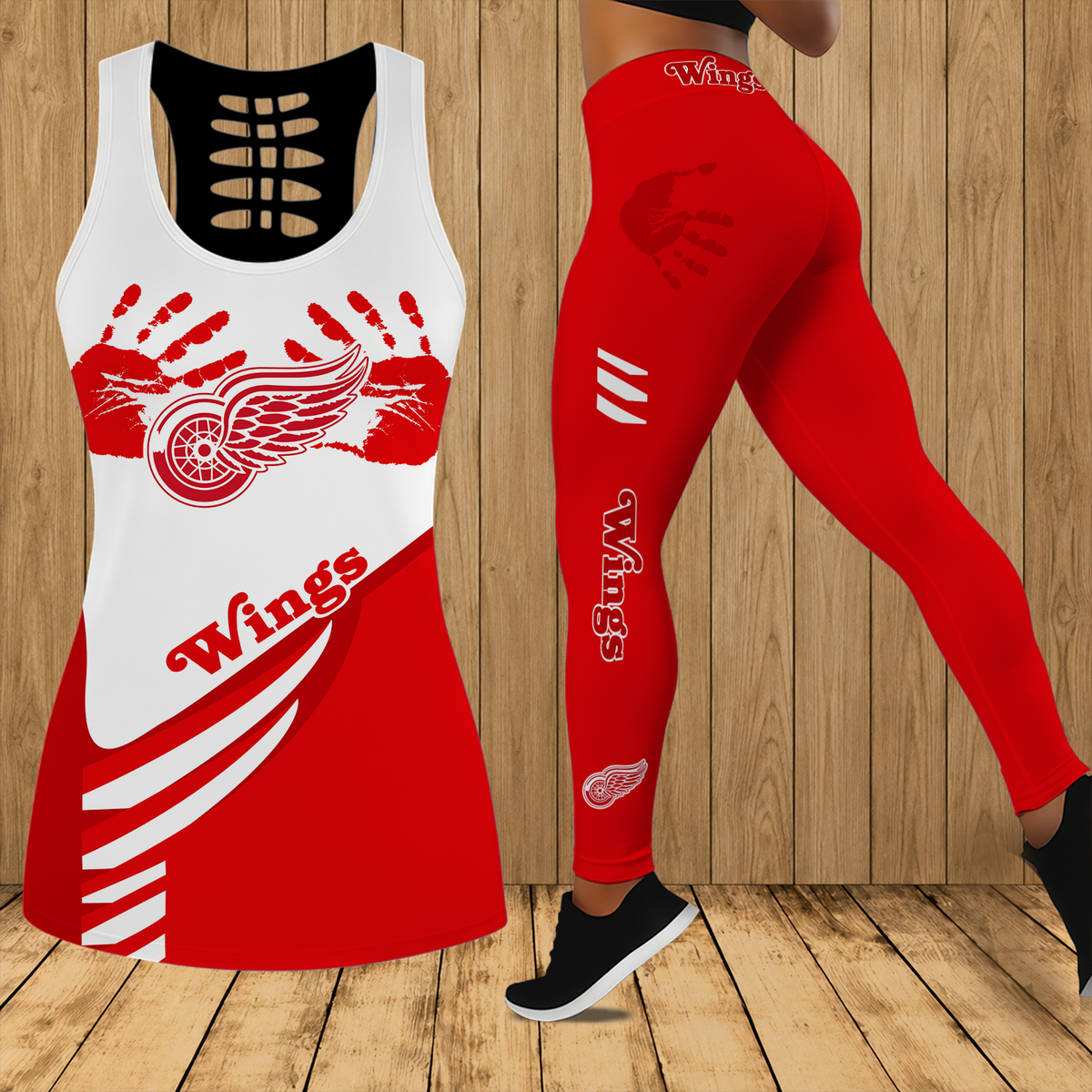 [SUPER SALE] NEW CUSTOMIZED NHL22 DRW DETROIT RED WINGS HOLLOW TANK TOP & LEGGINGS SET