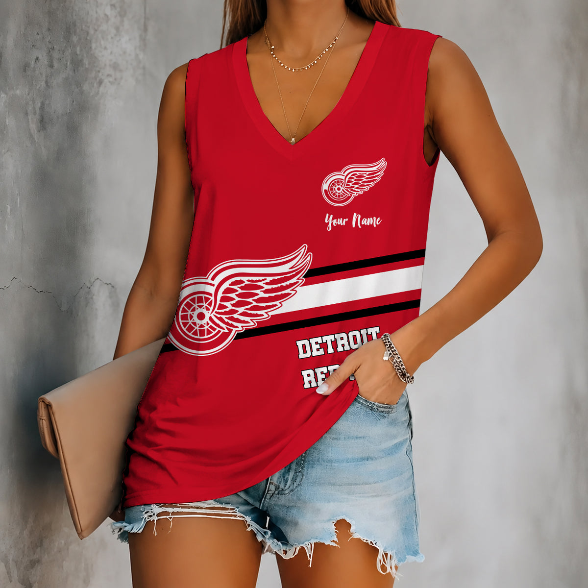 [SUPER SALE] NEW CUSTOMIZED NHL22 DRW DETROIT RED WINGS WOMEN'S V-NECK TANK TOP