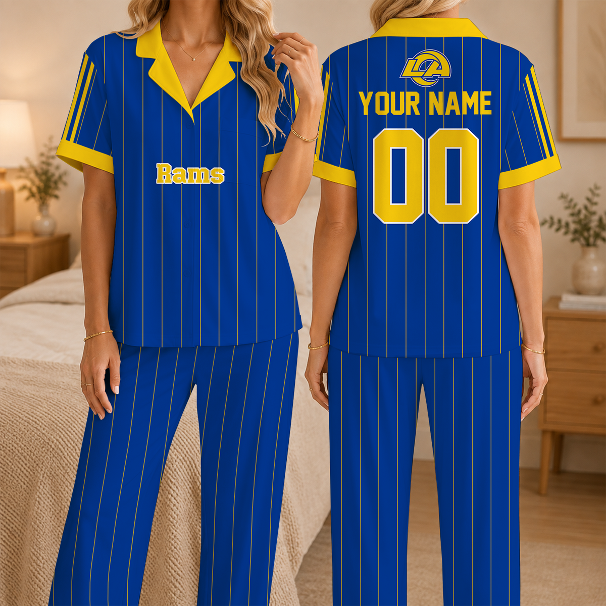 [SPECIAL OFFER] NEW CUSTOMIZED NFL22 LAR LOS ANGELES RAMS SHORT SLEEVE & LONG PANTS PAJAMAS SET