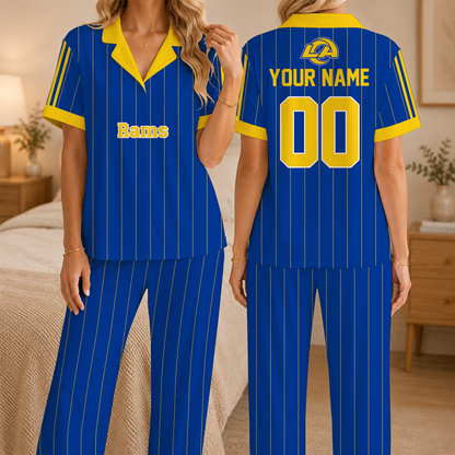 [SPECIAL OFFER] NEW CUSTOMIZED NFL22 LAR LOS ANGELES RAMS SHORT SLEEVE & LONG PANTS PAJAMAS SET