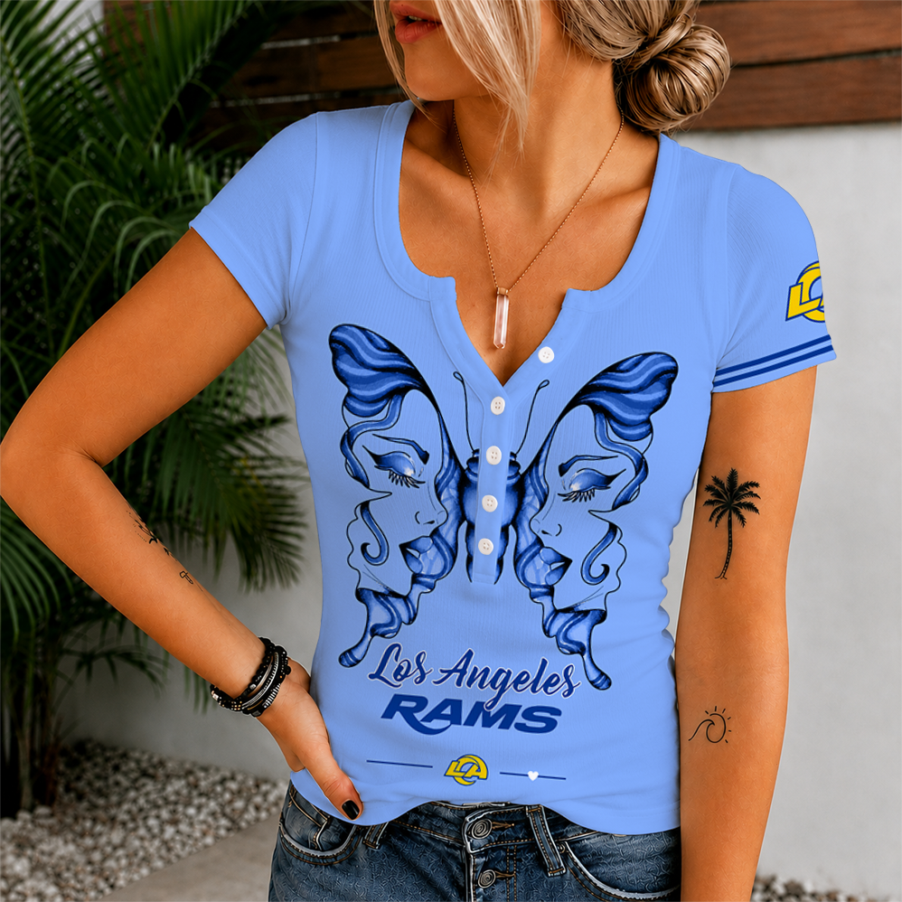 [SPECIAL OFFER] NEW CUSTOMIZED NFL22 LAR LOS ANGELES RAMS WOMEN'S SHORT SLEEVE HENLEY T-SHIRT