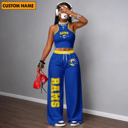 [SPECIAL OFFER] NEW CUSTOMIZED NFL22 LAR LOS ANGELES RAMS WOMEN'S CROP TOP & LONGPANTS SET