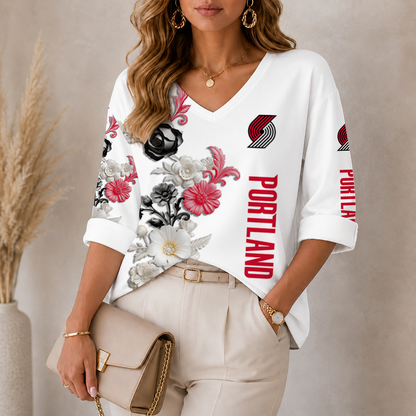 LIMITED EDITION - NEW CUSTOMIZED NBA22 PTB PORTLAND TRAIL BLAZERS WOMEN'S V-NECK LONG SLEEVE SHIRT