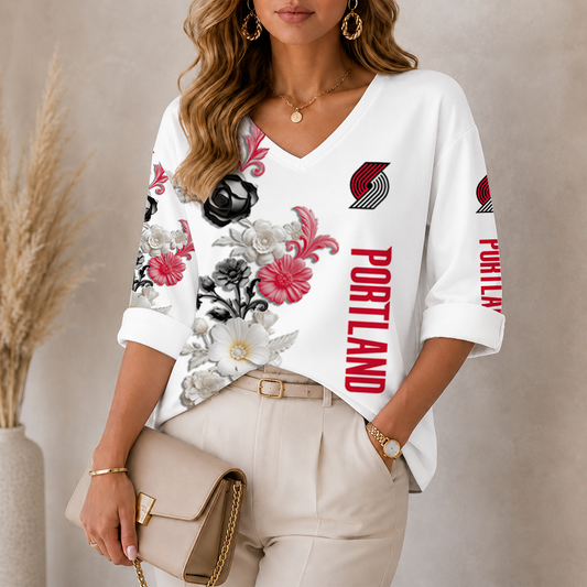 LIMITED EDITION - NEW CUSTOMIZED NBA22 PTB PORTLAND TRAIL BLAZERS WOMEN'S V-NECK LONG SLEEVE SHIRT