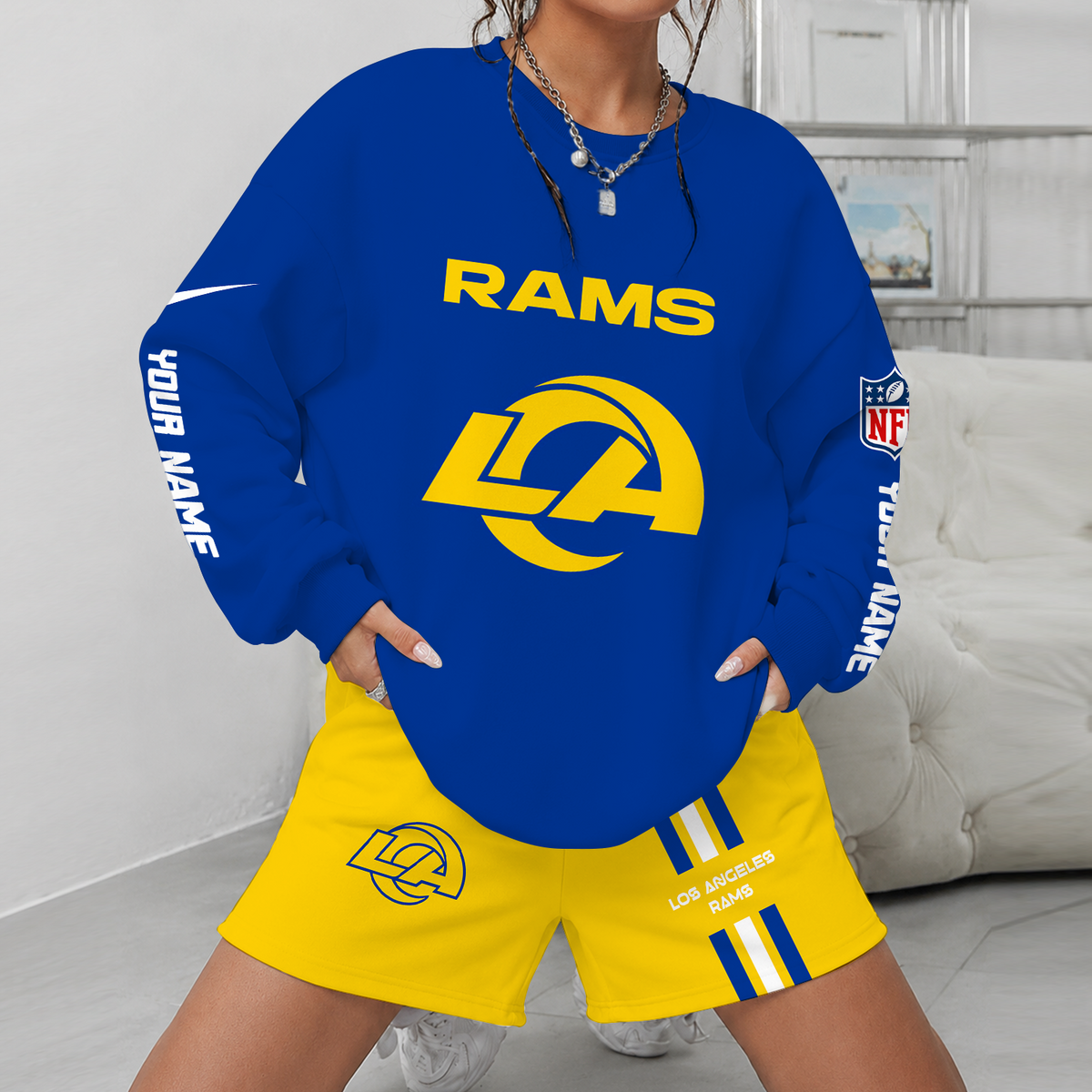 [SPECIAL OFFER] NEW CUSTOMIZED NFL22 LAR LOS ANGELES RAMS UNISEX SWEATSHIRT & SHORTS SET