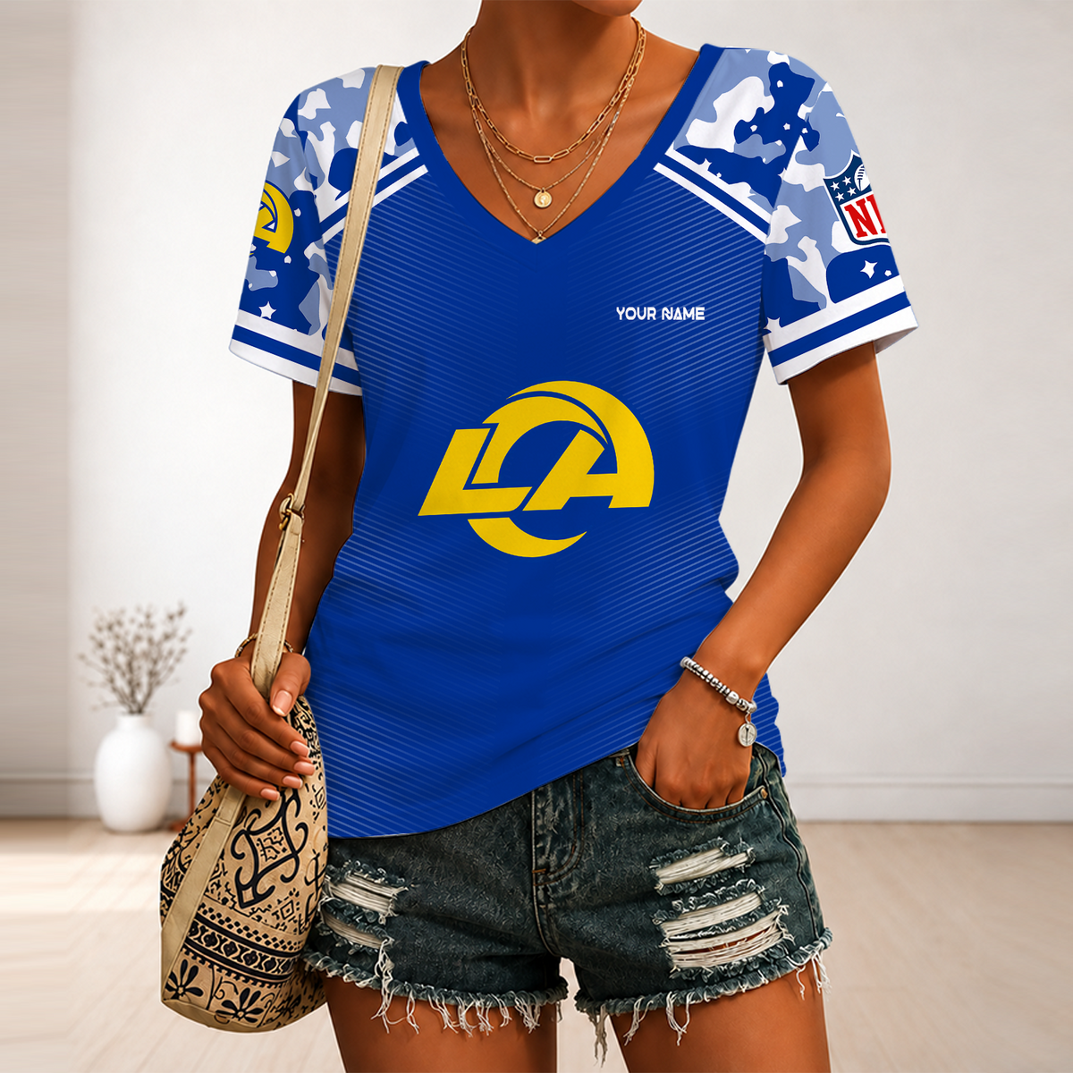 [SPECIAL OFFER] NEW CUSTOMIZED NFL22 LAR LOS ANGELES RAMS V-NECK FEMALE SHIRT